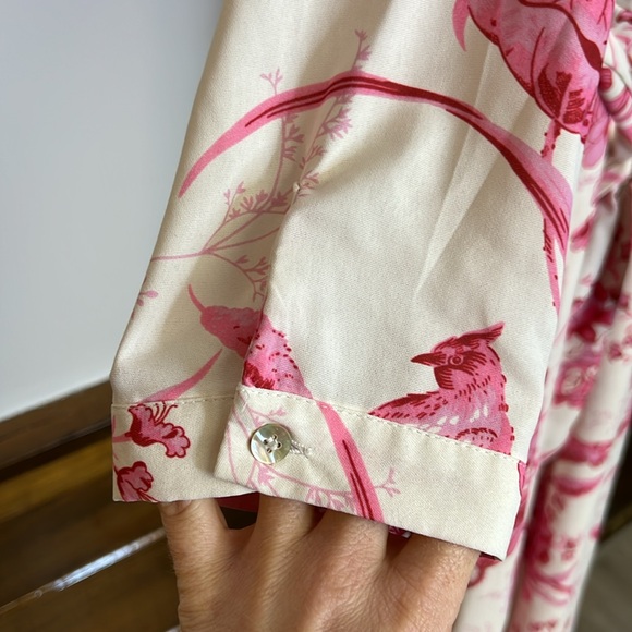 Amazon Pink & Cream Floral Bird Print Button Down Midi Dress- L - Picture 3 of 7